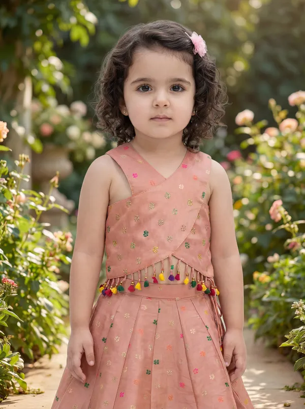 Peach_Premiumpremium_Soft_Silk_&_Cotton_Lining_Sleveless_Woven_Motifs_Waist_Tussels_Detailing_Top_&_Lehenga_For_Kids