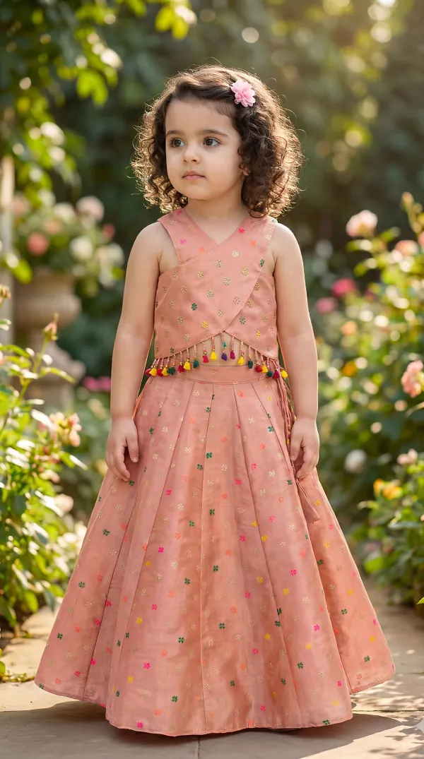 Peach_Premiumpremium_Soft_Silk_&_Cotton_Lining_Sleveless_Woven_Motifs_Waist_Tussels_Detailing_Top_&_Lehenga_For_Kids