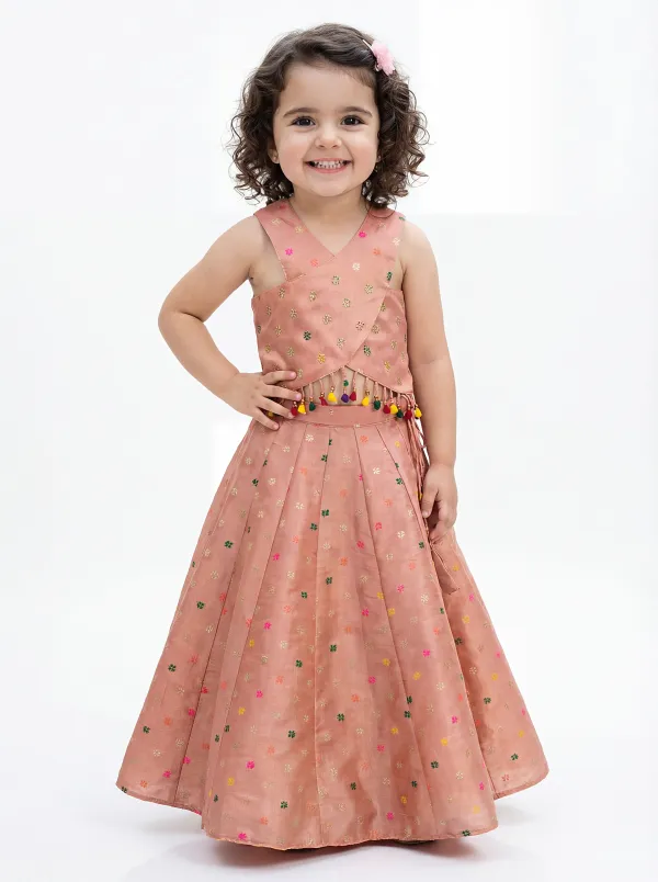 Peach_Premiumpremium_Soft_Silk_&_Cotton_Lining_Sleveless_Woven_Motifs_Waist_Tussels_Detailing_Top_&_Lehenga_For_Kids