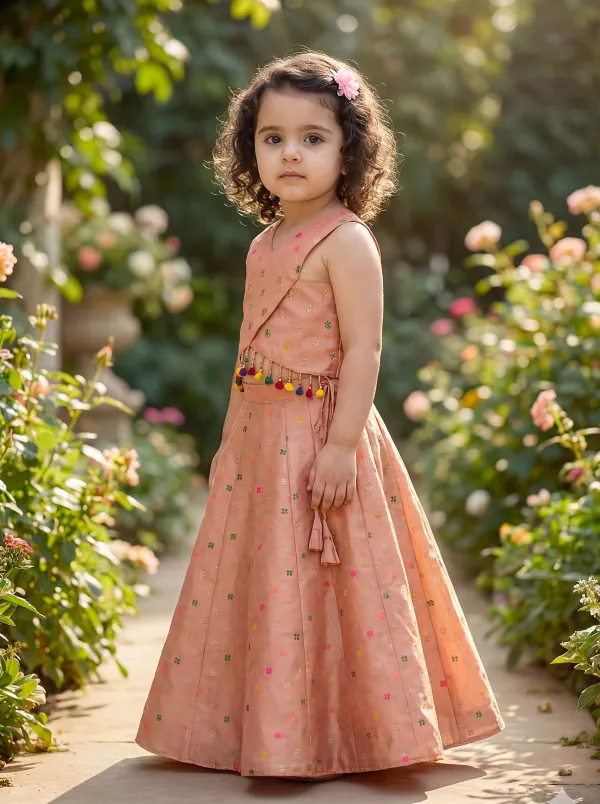 Peach_Premiumpremium_Soft_Silk_&_Cotton_Lining_Sleveless_Woven_Motifs_Waist_Tussels_Detailing_Top_&_Lehenga_For_Kids