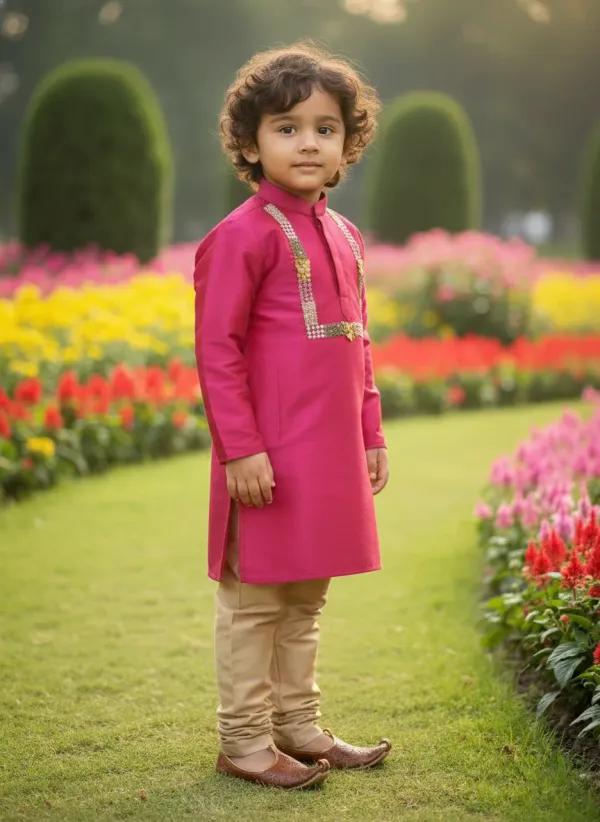 Magenta_&_Golden_Premiumart_Silk_&_Cotton_Silk_Magenta_Hand_Embellished_Kurta_&_Churidar_For_Kids