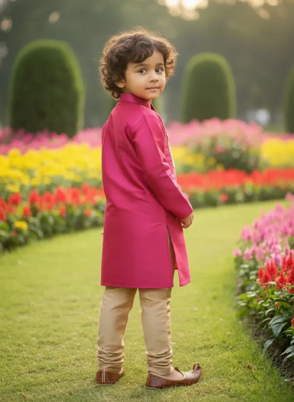 Magenta_&_Golden_Premiumart_Silk_&_Cotton_Silk_Magenta_Hand_Embellished_Kurta_&_Churidar_For_Kids