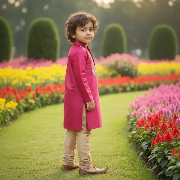 Magenta_&_Golden_Premiumart_Silk_&_Cotton_Silk_Magenta_Hand_Embellished_Kurta_&_Churidar_For_Kids