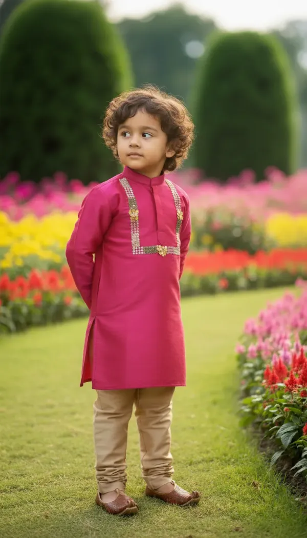 Magenta_&_Golden_Premiumart_Silk_&_Cotton_Silk_Magenta_Hand_Embellished_Kurta_&_Churidar_For_Kids