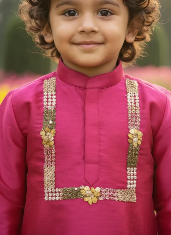 Magenta_&_Golden_Premiumart_Silk_&_Cotton_Silk_Magenta_Hand_Embellished_Kurta_&_Churidar_For_Kids