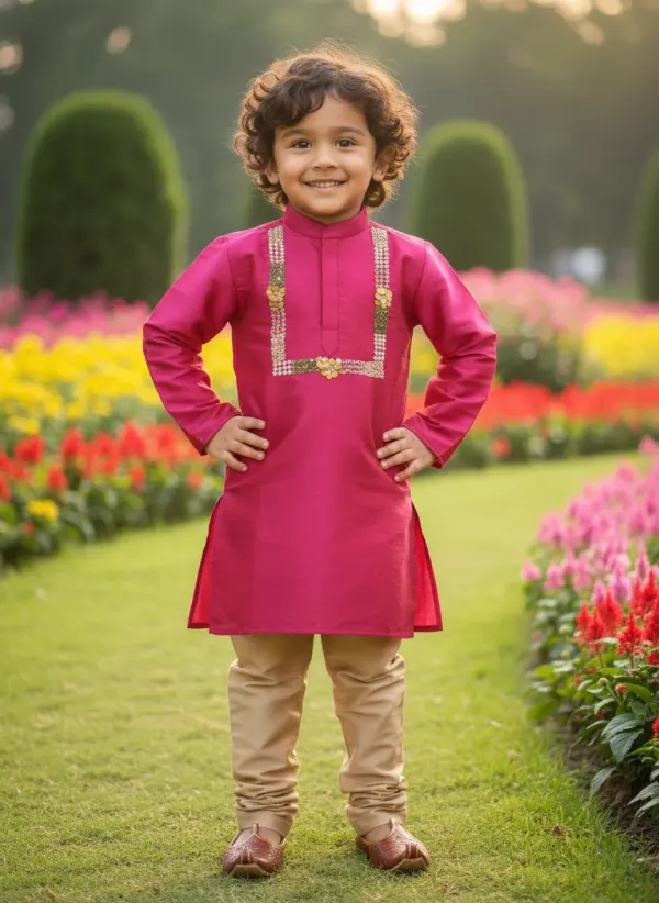 Magenta_&_Golden_Premiumart_Silk_&_Cotton_Silk_Magenta_Hand_Embellished_Kurta_&_Churidar_For_Kids