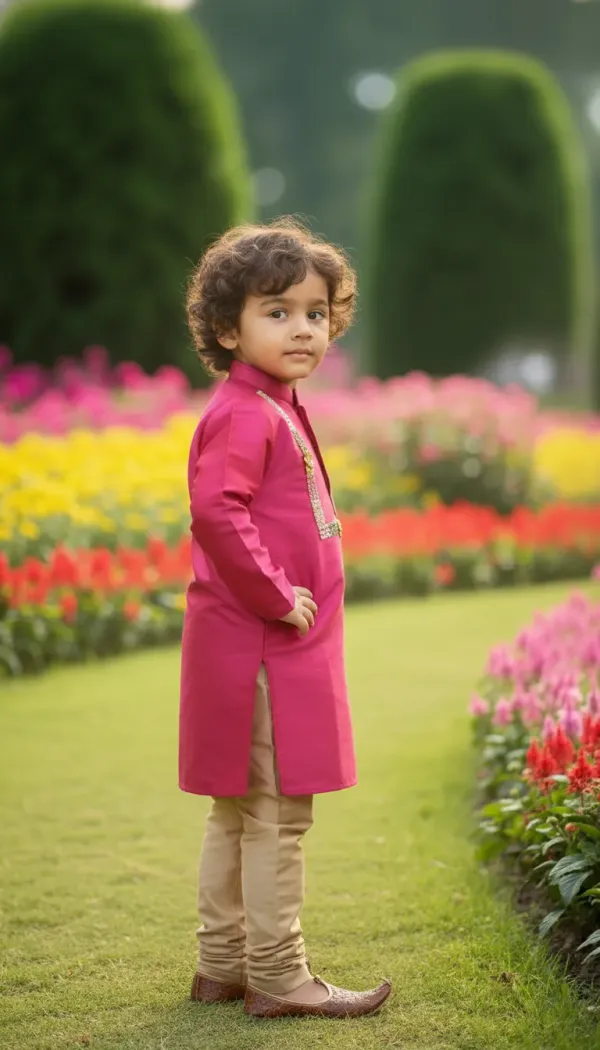 Magenta_&_Golden_Premiumart_Silk_&_Cotton_Silk_Magenta_Hand_Embellished_Kurta_&_Churidar_For_Kids