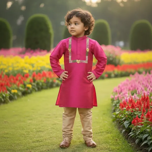 Magenta_&_Golden_Premiumart_Silk_&_Cotton_Silk_Magenta_Hand_Embellished_Kurta_&_Churidar_For_Kids
