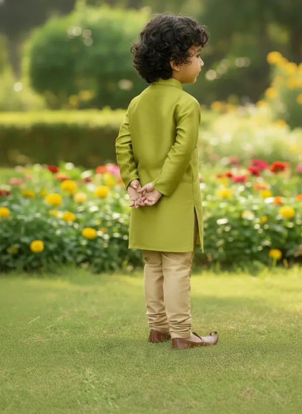 Lime_Green_Premiumsilk_&_Art_Silk_&_Cotton_Silk_Mirror_Embroidery_Kurta_And_Churidar_For_Kids