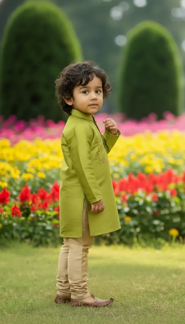 Lime_Green_Premiumsilk_&_Art_Silk_&_Cotton_Silk_Mirror_Embroidery_Kurta_And_Churidar_For_Kids