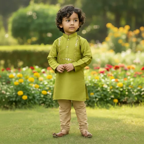 Lime_Green_Premiumsilk_&_Art_Silk_&_Cotton_Silk_Mirror_Embroidery_Kurta_And_Churidar_For_Kids