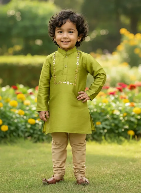 Lime_Green_Premiumsilk_&_Art_Silk_&_Cotton_Silk_Mirror_Embroidery_Kurta_And_Churidar_For_Kids