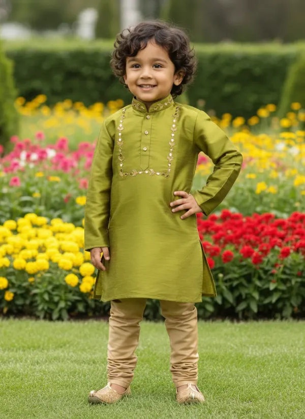 Lime_Green_Premiumsilk_&_Art_Silk_&_Cotton_Silk_Mirror_Embroidery_Kurta_And_Churidar_For_Kids