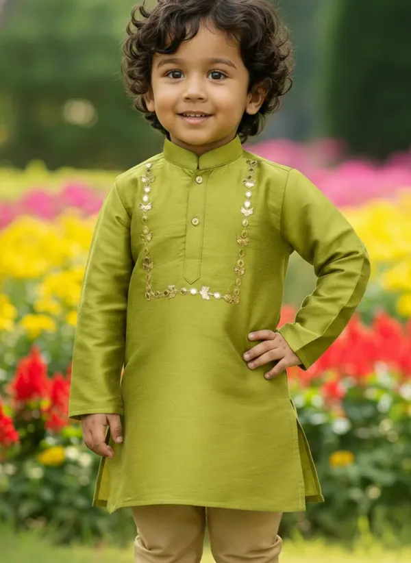 Lime_Green_Premiumsilk_&_Art_Silk_&_Cotton_Silk_Mirror_Embroidery_Kurta_And_Churidar_For_Kids