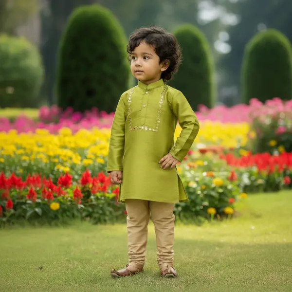 Lime_Green_Premiumsilk_&_Art_Silk_&_Cotton_Silk_Mirror_Embroidery_Kurta_And_Churidar_For_Kids