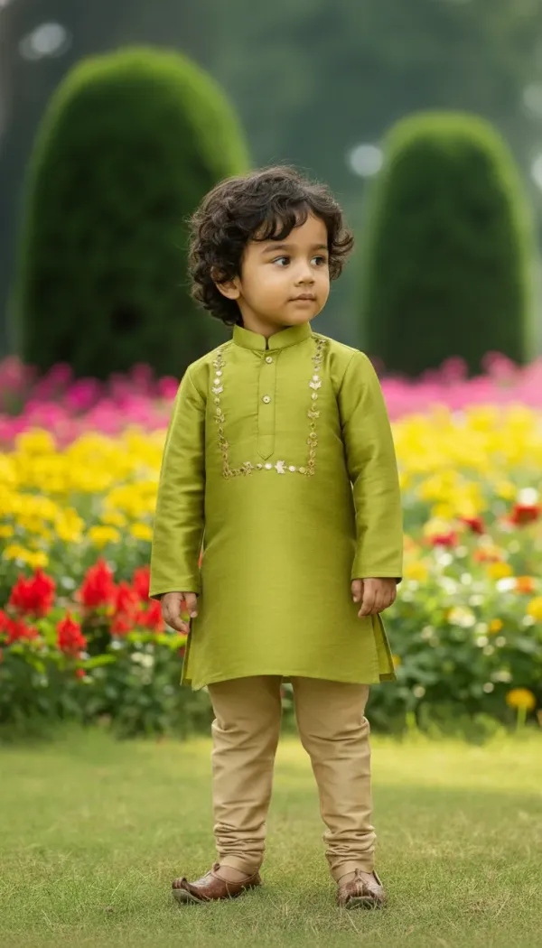 Lime_Green_Premiumsilk_&_Art_Silk_&_Cotton_Silk_Mirror_Embroidery_Kurta_And_Churidar_For_Kids
