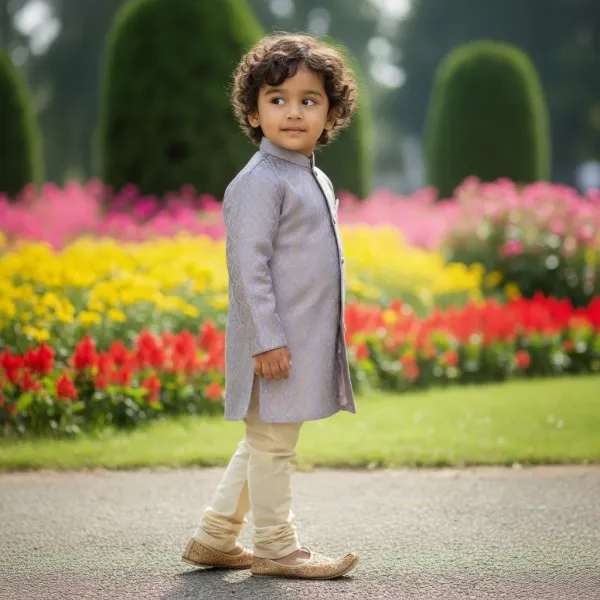 Pastel_Purple_&_Gold_Premiumbanarasi_Brocade_&_Cotton_Silk_&_Cotton_Lining_Brocade_Sherwani_Set_For_Kids