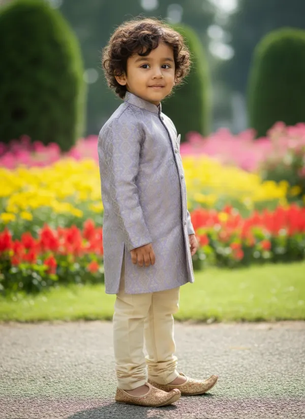 Pastel_Purple_&_Gold_Premiumbanarasi_Brocade_&_Cotton_Silk_&_Cotton_Lining_Brocade_Sherwani_Set_For_Kids
