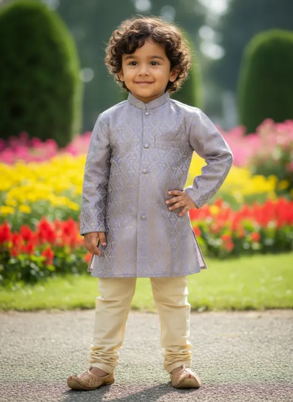 Pastel_Purple_&_Gold_Premiumbanarasi_Brocade_&_Cotton_Silk_&_Cotton_Lining_Brocade_Sherwani_Set_For_Kids