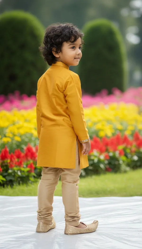 Mustard_Yellow_&_Golden_Premiumart_Silk_&_Cotton_Silk_Hand_Embellished_Kurta_&_Churidar_For_Kids