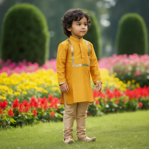 Mustard_Yellow_&_Golden_Premiumart_Silk_&_Cotton_Silk_Hand_Embellished_Kurta_&_Churidar_For_Kids