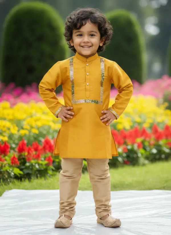 Mustard_Yellow_&_Golden_Premiumart_Silk_&_Cotton_Silk_Hand_Embellished_Kurta_&_Churidar_For_Kids
