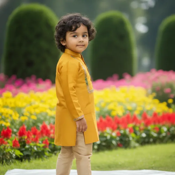 Mustard_Yellow_&_Golden_Premiumart_Silk_&_Cotton_Silk_Hand_Embellished_Kurta_&_Churidar_For_Kids