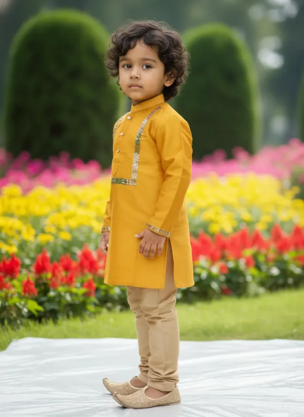 Mustard_Yellow_&_Golden_Premiumart_Silk_&_Cotton_Silk_Hand_Embellished_Kurta_&_Churidar_For_Kids