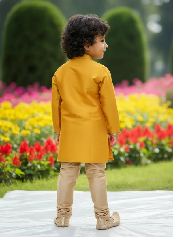 Mustard_Yellow_&_Golden_Premiumart_Silk_&_Cotton_Silk_Hand_Embellished_Kurta_&_Churidar_For_Kids