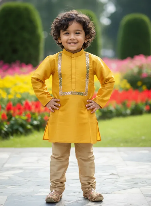 Mustard_Yellow_&_Golden_Premiumart_Silk_&_Cotton_Silk_Hand_Embellished_Kurta_&_Churidar_For_Kids