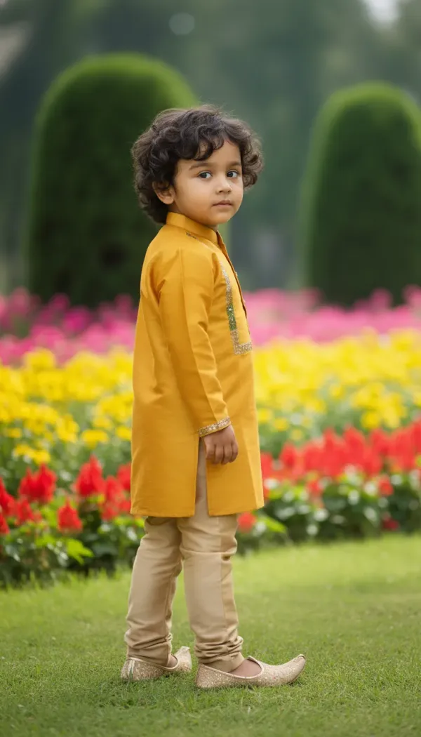 Mustard_Yellow_&_Golden_Premiumart_Silk_&_Cotton_Silk_Hand_Embellished_Kurta_&_Churidar_For_Kids