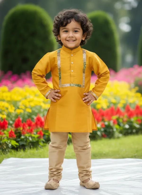 Mustard_Yellow_&_Golden_Premiumart_Silk_&_Cotton_Silk_Hand_Embellished_Kurta_&_Churidar_For_Kids