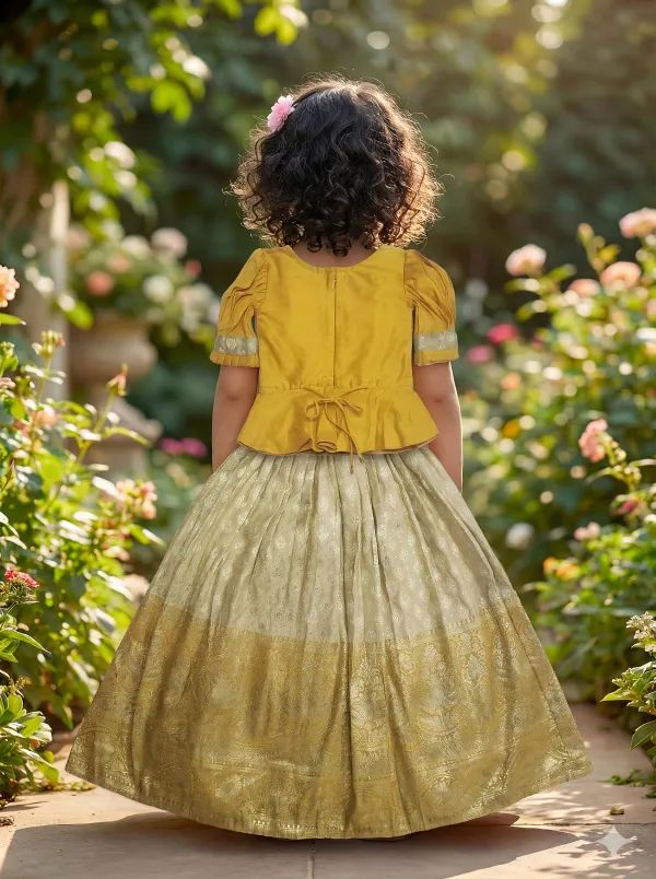 Mustard_Yellow_&_Yellow_Premiumsilk_&_Banarasi_Brocade_&_Butter_Crepe_Lining_Puff_Sleeves_Peplum_Embroidered_Top_&_Brocade_Lehenga_For_Kids