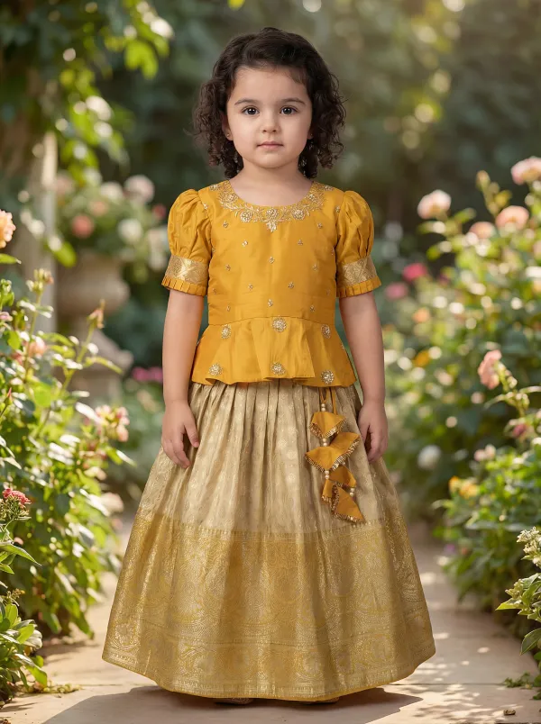Mustard_Yellow_&_Yellow_Premiumsilk_&_Banarasi_Brocade_&_Butter_Crepe_Lining_Puff_Sleeves_Peplum_Embroidered_Top_&_Brocade_Lehenga_For_Kids