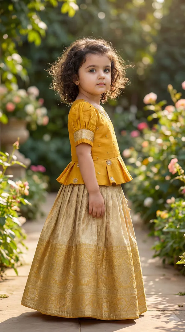 Mustard_Yellow_&_Yellow_Premiumsilk_&_Banarasi_Brocade_&_Butter_Crepe_Lining_Puff_Sleeves_Peplum_Embroidered_Top_&_Brocade_Lehenga_For_Kids