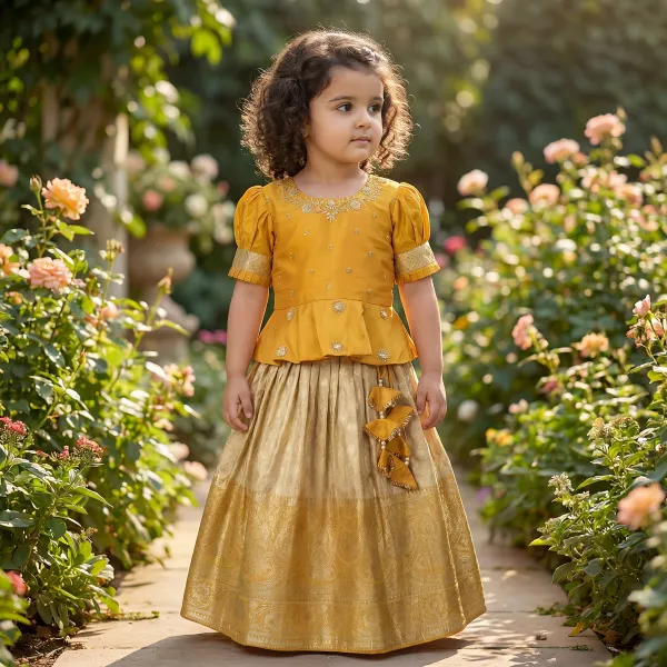 Mustard_Yellow_&_Yellow_Premiumsilk_&_Banarasi_Brocade_&_Butter_Crepe_Lining_Puff_Sleeves_Peplum_Embroidered_Top_&_Brocade_Lehenga_For_Kids