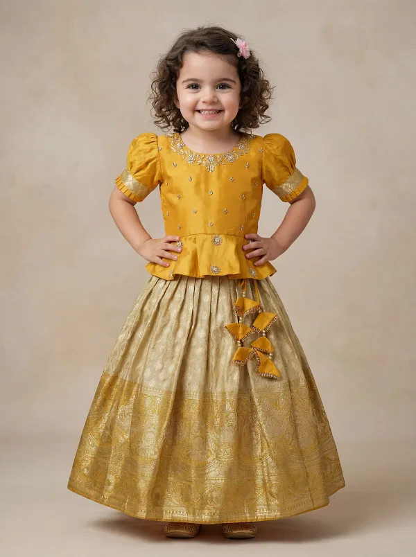 Mustard_Yellow_&_Yellow_Premiumsilk_&_Banarasi_Brocade_&_Butter_Crepe_Lining_Puff_Sleeves_Peplum_Embroidered_Top_&_Brocade_Lehenga_For_Kids