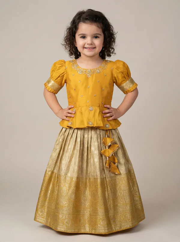 Mustard_Yellow_&_Yellow_Premiumsilk_&_Banarasi_Brocade_&_Butter_Crepe_Lining_Puff_Sleeves_Peplum_Embroidered_Top_&_Brocade_Lehenga_For_Kids