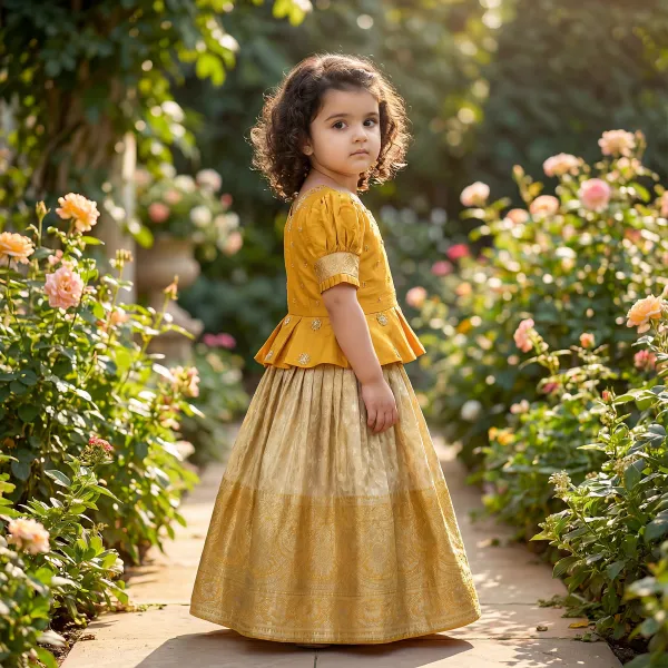 Mustard_Yellow_&_Yellow_Premiumsilk_&_Banarasi_Brocade_&_Butter_Crepe_Lining_Puff_Sleeves_Peplum_Embroidered_Top_&_Brocade_Lehenga_For_Kids