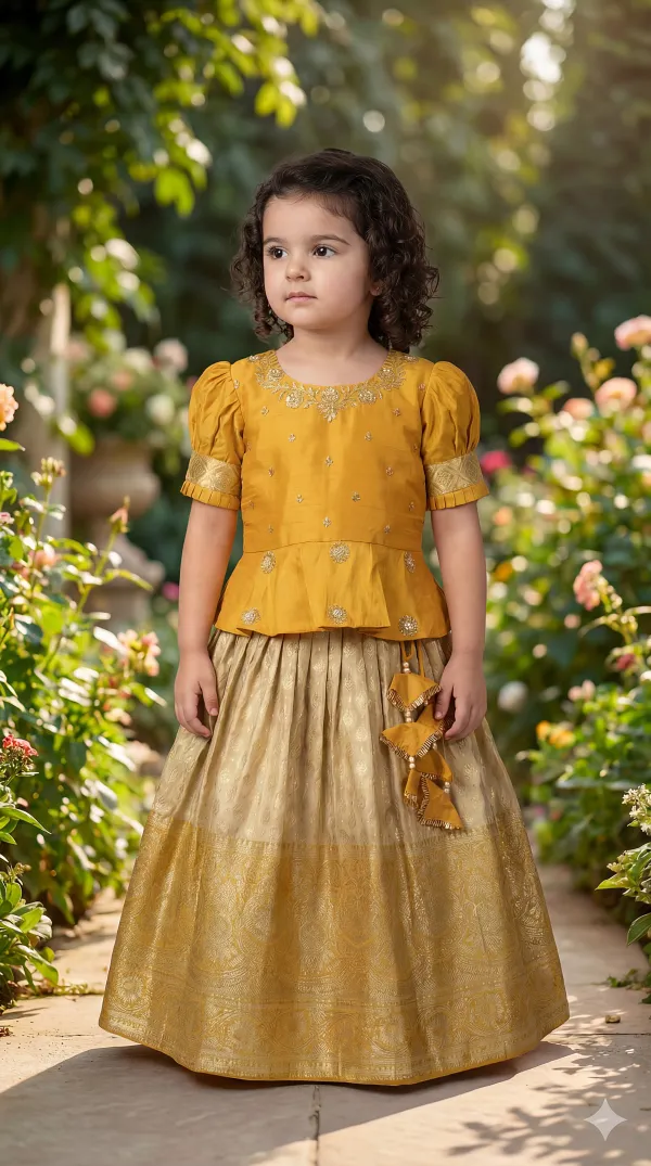 Mustard_Yellow_&_Yellow_Premiumsilk_&_Banarasi_Brocade_&_Butter_Crepe_Lining_Puff_Sleeves_Peplum_Embroidered_Top_&_Brocade_Lehenga_For_Kids