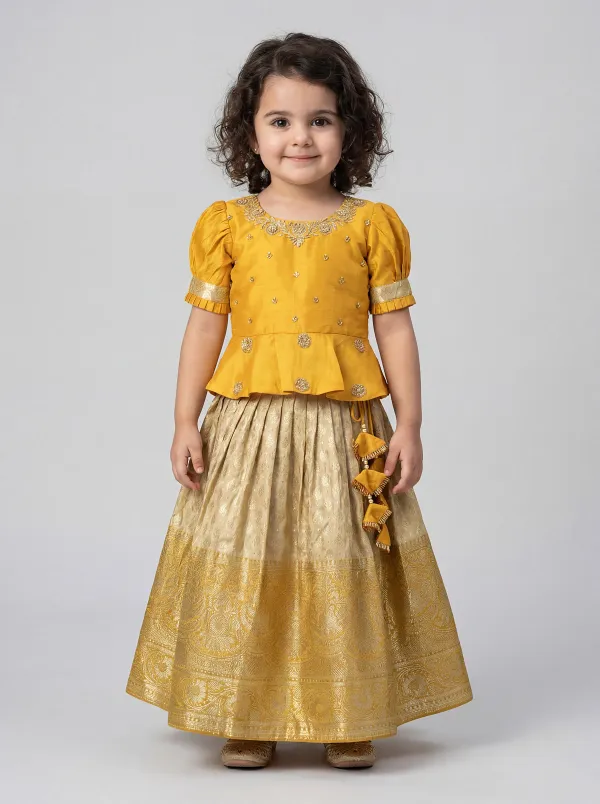 Mustard_Yellow_&_Yellow_Premiumsilk_&_Banarasi_Brocade_&_Butter_Crepe_Lining_Puff_Sleeves_Peplum_Embroidered_Top_&_Brocade_Lehenga_For_Kids