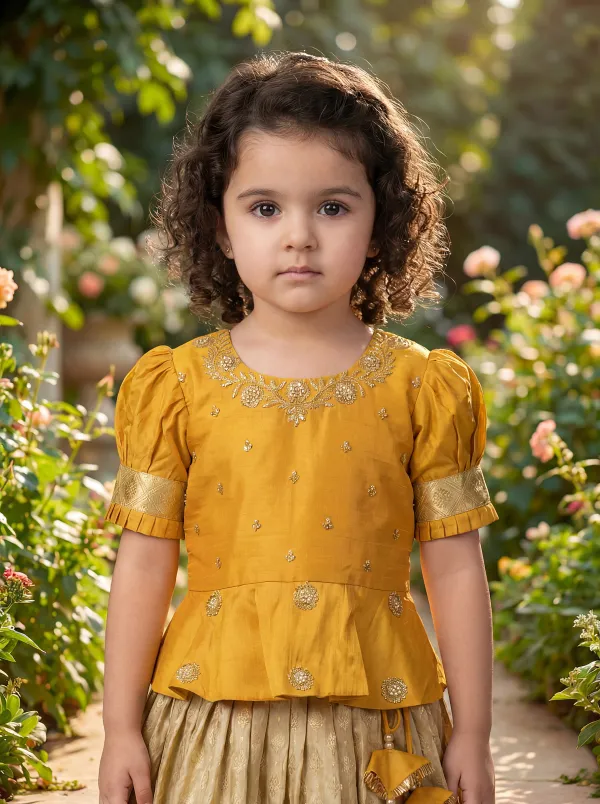 Mustard_Yellow_&_Yellow_Premiumsilk_&_Banarasi_Brocade_&_Butter_Crepe_Lining_Puff_Sleeves_Peplum_Embroidered_Top_&_Brocade_Lehenga_For_Kids