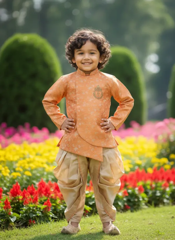 Orange_&_Gold_Premiumbanarasi_Brocade_&_Cotton_Silk_&_Cotton_Lining_Brocade_Hand_Embroidery_Overlap_Sherwani_With_Dhoti_For_Kids