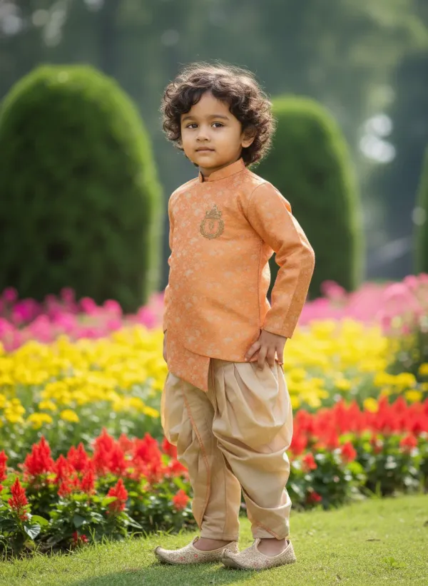 Orange_&_Gold_Premiumbanarasi_Brocade_&_Cotton_Silk_&_Cotton_Lining_Brocade_Hand_Embroidery_Overlap_Sherwani_With_Dhoti_For_Kids