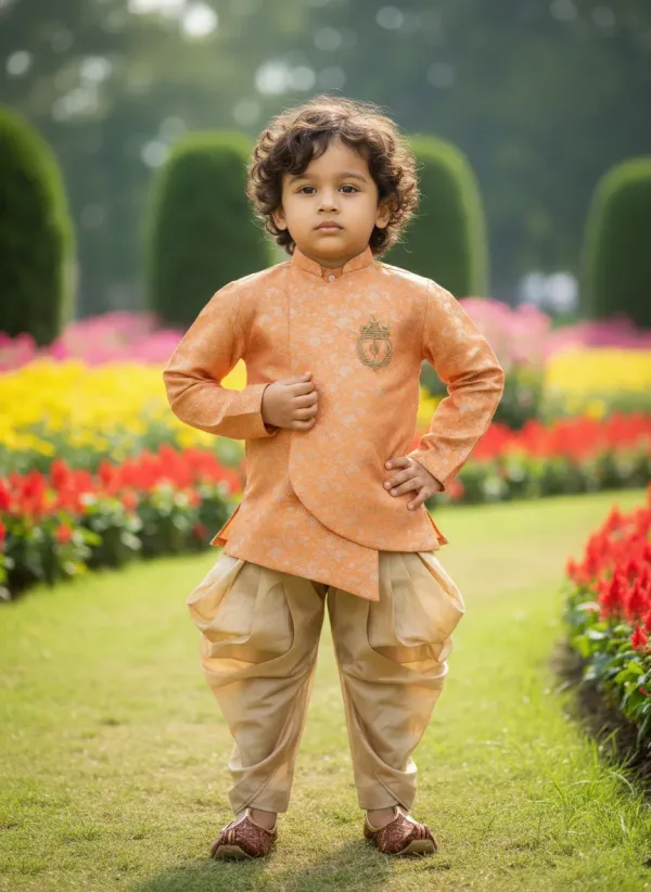 Orange_&_Gold_Premiumbanarasi_Brocade_&_Cotton_Silk_&_Cotton_Lining_Brocade_Hand_Embroidery_Overlap_Sherwani_With_Dhoti_For_Kids