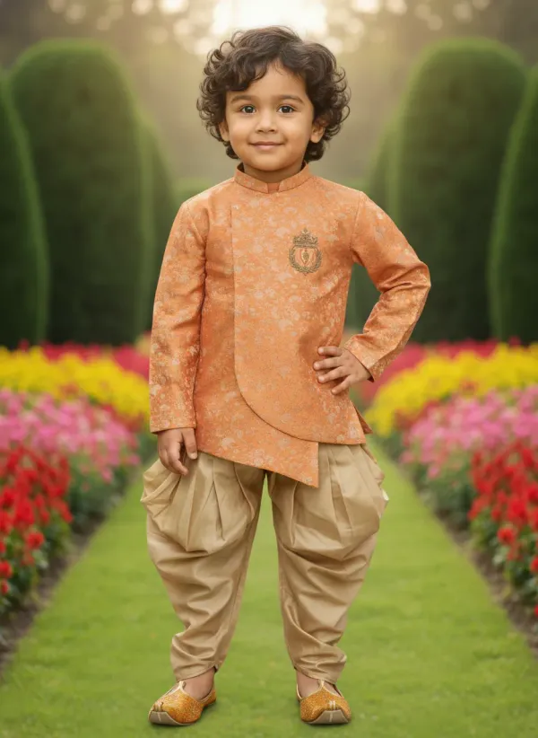 Orange_&_Gold_Premiumbanarasi_Brocade_&_Cotton_Silk_&_Cotton_Lining_Brocade_Hand_Embroidery_Overlap_Sherwani_With_Dhoti_For_Kids