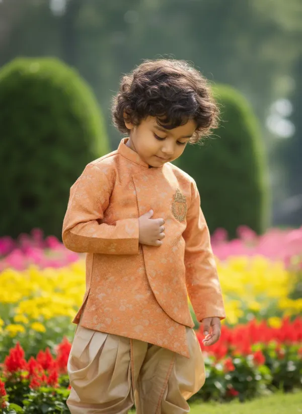 Orange_&_Gold_Premiumbanarasi_Brocade_&_Cotton_Silk_&_Cotton_Lining_Brocade_Hand_Embroidery_Overlap_Sherwani_With_Dhoti_For_Kids