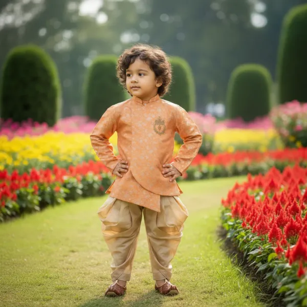 Orange_&_Gold_Premiumbanarasi_Brocade_&_Cotton_Silk_&_Cotton_Lining_Brocade_Hand_Embroidery_Overlap_Sherwani_With_Dhoti_For_Kids