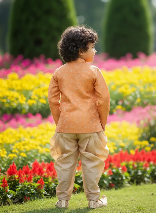Orange_&_Gold_Premiumbanarasi_Brocade_&_Cotton_Silk_&_Cotton_Lining_Brocade_Hand_Embroidery_Overlap_Sherwani_With_Dhoti_For_Kids
