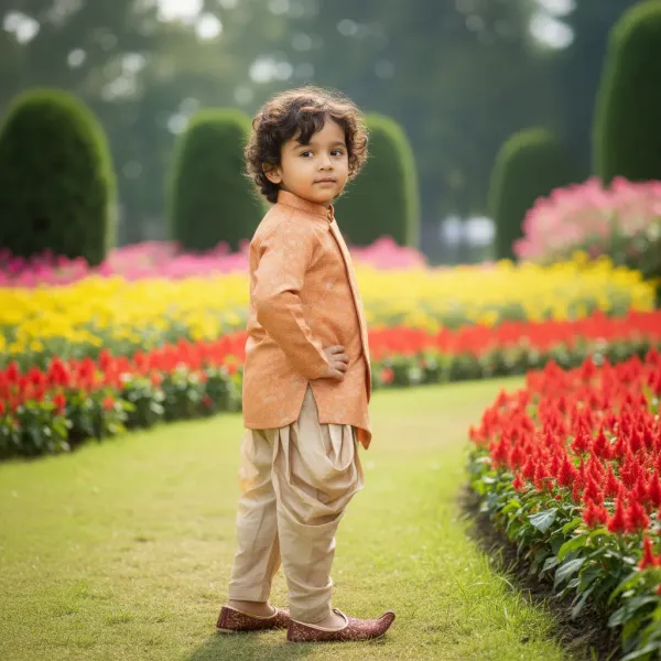 Orange_&_Gold_Premiumbanarasi_Brocade_&_Cotton_Silk_&_Cotton_Lining_Brocade_Hand_Embroidery_Overlap_Sherwani_With_Dhoti_For_Kids